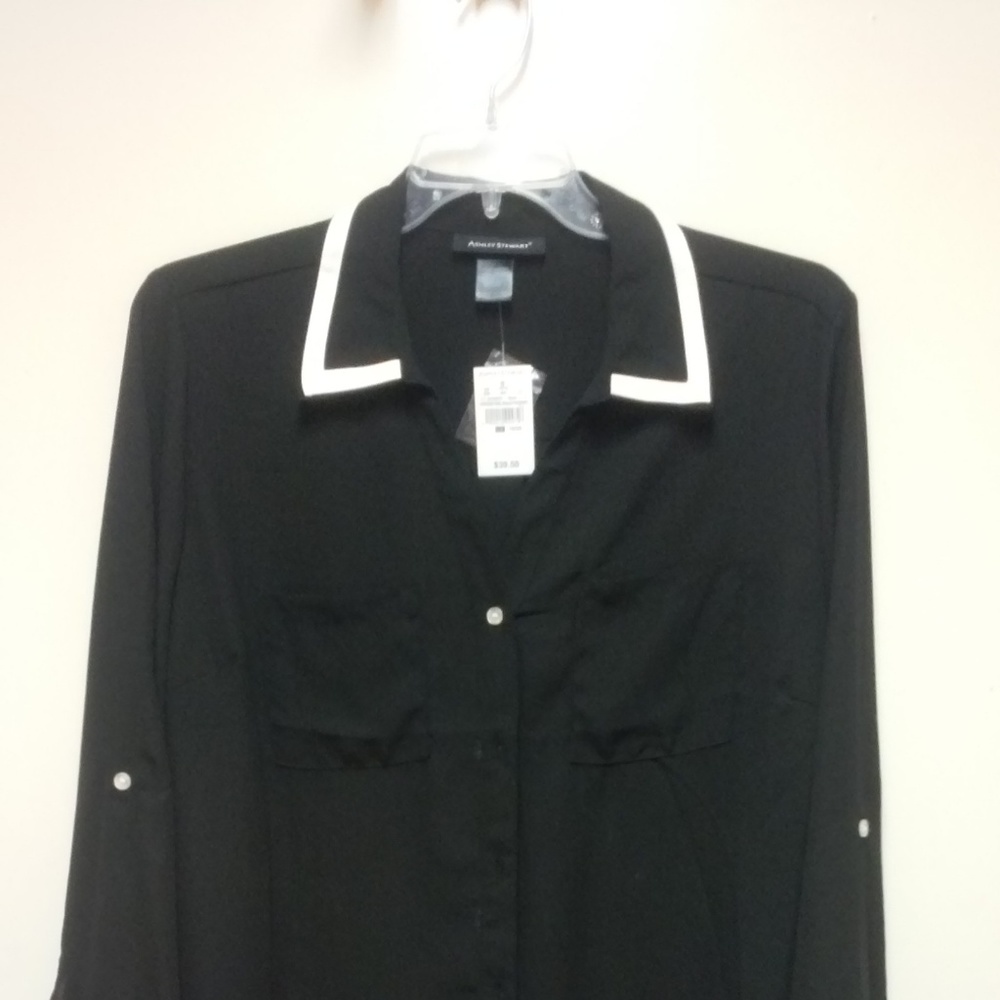NWT Ashley Stewart Black Piped Button Front Shirt